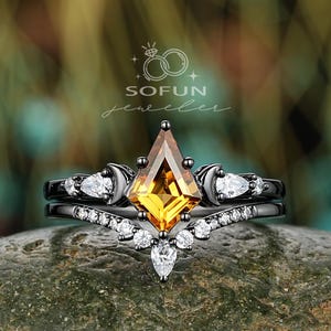 Gothic Kite Cut Citrine Wedding Set, 14K Black Gold Natural Citrine Moon Engagement Ring Set, Yellow Citrine Bridal Set Promise Ring Gift