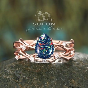 Vintage Pear Shape Black Fire Opal Engagement Ring Set, 14k Rose Gold Twig Branch Opal Bridal Set, Unique Nature Inspired Wedding Ring Set