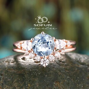 Vintage Round Cut Aquamarine Engagement Ring Set, Unique 14k  Rose Gold Blue Aquamarine Wedding Set Promise Anniversary Ring Gift Bridal Set