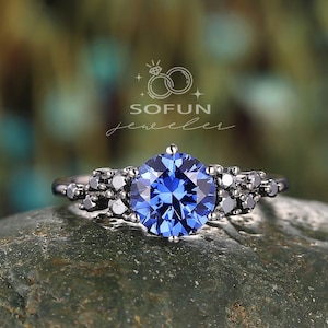 Gothic Black Gold Round Cornflower Blue Sapphire Engagement Ring, Vintage Black Moissanite Wedding Ring ,Unique Rhodium Black Promise Ring