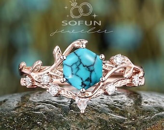 Twig Hexagon Cut Turquoise Engagement Ring Set Solid 14k Rose Gold Nature Inspired Moissanite Cluster Leaf Ring Personalized Jewelry Gifts