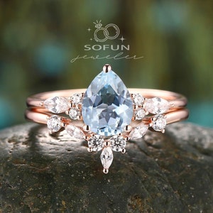 Vintage Pear Shape Aquamarine Engagement Ring Set, Unique 14k Rose Gold Blue Aquamarine Wedding Set Promise Ring Anniversary Gift Bridal Set