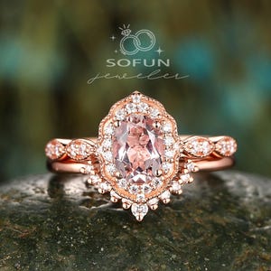 Vintage Oval Cut Pink Morganite Rose Gold Halo Engagement Ring Set, Unique Peach Stone Halo Bridal Set Wedding Promise Ring Anniversary Gift