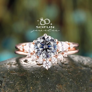 Vintage Round Cut Gray Moissanite Engagement Ring Set, Unique 14k  Rose Gold Grey Moissanite Wedding Set Promise Anniversary Ring Bridal Set