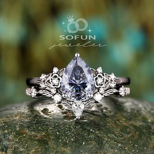 Black Gold Pear Shape Gray Moissanite Engagement Ring Set, Goth Grey Moissanite Promise Ring Set Rhodium Black Bridal Set Black Wedding Ring