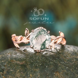 Vintage Natural Moss Agate Solitaire Engagement Ring, Round Cut Green Moss Agate Promise Ring, Nature Inspired Leaf Anniversary Wedding Ring