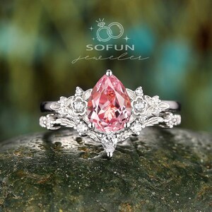 Platinum Pear Shape Pink Sapphire and Diamond Engagement Ring Set, White Gold Floral Promise Ring, Twig Branch Wedding Ring Gift for her