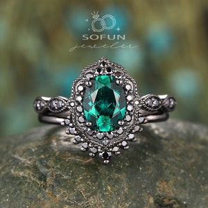 Black Gold Oval Shape Emerald Halo Engagement Ring Set, Goth Emerald Promise Ring, Rhodium Black Emerald Bridal Set, Black Wedding Ring Gift
