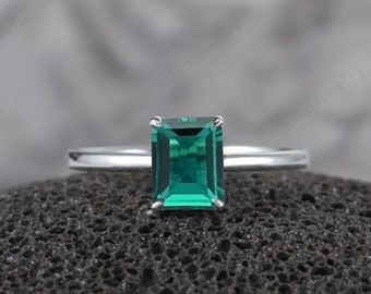 Vintage Emerald Cut Emerald Engagement Ring, Unique 925 Sterling Silver White Gold Emerald Wedding Ring, Solitaire Emerald Promise Ring Gift