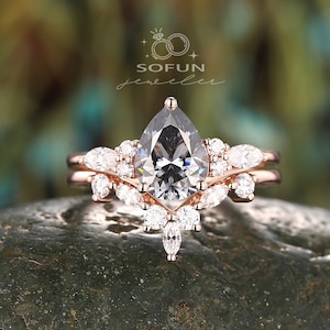 Vintage Pear Gray Moissanite Engagement Ring Set, Unique 14k  Rose Gold Grey Moissanite Wedding Set, Promise Anniversary Ring Bridal Set