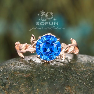 Anel de noivado vintage de folha de espinélio azul centáurea do Ceilão, anel de casamento exclusivo em ouro rosa 14K, anel de compromisso solitário azul cobalto espinélio