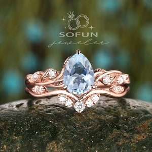 Vintage Pear Shape Natural Aquamarine Engagement Ring Set, Unique 14k Rose Gold Leaf Wedding Set, Twig Promise Anniversary Ring Bridal Set