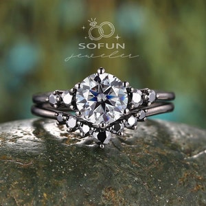 Vintage Round Gray Moissanite Halo Engagement Ring Set, Black Promise Ring Set, Rhodium Black Bridal Set, Black Wedding Ring, Gothic Ring