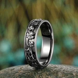 5,5 mm Breite Schwarzgold Ahornblatt Herren Verlobungsring, Punk Herren Ehering, Gothic Versprechen Ring Schwarz Rhodium Passendes Band für Männer