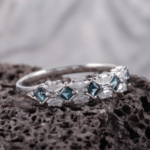 Square Cut London Blue Topaz and Moissanite Wedding Band, Vintage Engagement Ring Enhancer Anniversary Promise Ring Rose Gold Matching Band