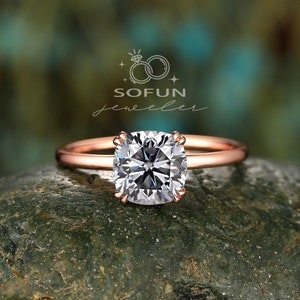 Vintage Gray Moissanite Solitaire Engagement Ring, Unique 14K Rose Gold Grey Moissanite Wedding Ring, Cushion Cut Moissanite Promise Ring