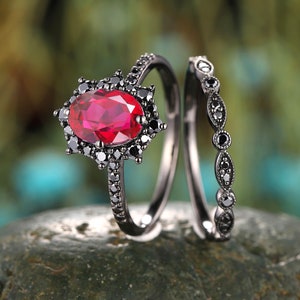Vintage Black Rhodium Ruby Halo Bridal Ring Set, Gothic Ruby Engagement Ring, Witchy Half Eternity Wedding Ring Black Gold Promise Ring Gift