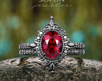 Black Gold Ruby Halo Engagement Ring Set, Gothic Oval Cut Ruby Promise Ring, Rhodium Black July Birthstone Bridal Set Wedding Ring for Women