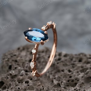 Einzigartiger Marquise Cut London Blautopas und Diamant Verlobungsring, 14K Roségold Vintage Topas Hochzeit Versprechen Ring Geschenk für die beste Freundin