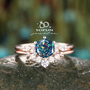 Unique Hexagon Black Opal Engagement Ring Set, Vintage 14K Rose Gold Black Opal Wedding Set, Multi Opal Anniversary Ring Gift For Women