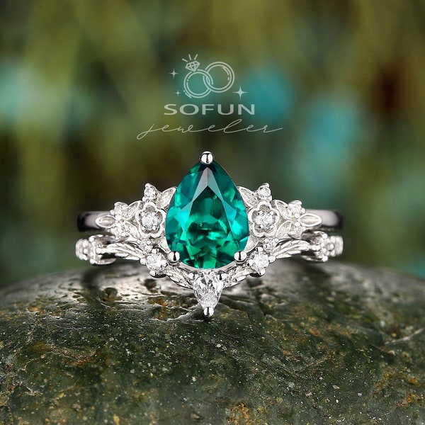 Vintage Pear Shape Emerald Engagement Ring Set, Unique 14K White Gold May Birthstone Wedding Ring, Floral Promise Ring Gift Bridal Set