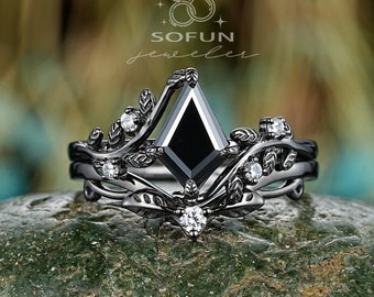 Gothic Black Gold Kite Cut Black Moissanite Leaf Engagement Ring