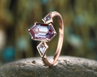 Vintage lange zeshoek alexandriet verlovingsring, art deco roségouden/zilveren ring met drie stenen, juni Birthstone belofte verjaardagsring