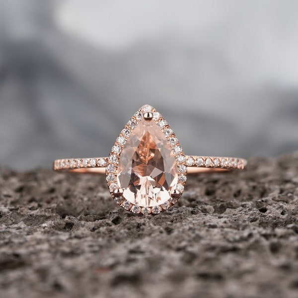 Anello di fidanzamento vintage con morganite a goccia e diamanti, anello di promessa di matrimonio per anniversario in oro rosa 18 carati con morganite a pera da 1 carato per lei