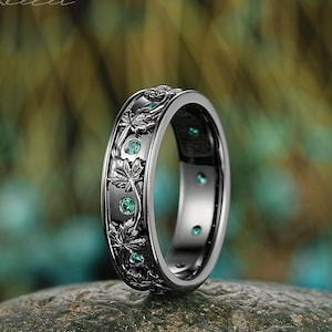 5,5 mm Breite Schwarzgold Ahornblatt Smaragd Herren Verlobungsring, Herren Ehering, Gothic Versprechen Ring Schwarz Rhodium Passendes Band für Männer