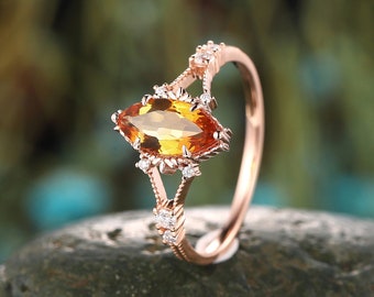 Anillo de compromiso vintage de citrino marquesa, anillo único de oro rosa de 14 quilates con piedra natal de noviembre, anillo de bodas de citrino en plata, regalo para mujer.