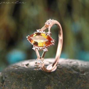 Vintage Marquise Citrine Engagement Ring, Unique 14K Rose Gold November Birthstone Promise Ring, Silver Citrine Wedding Ring Gift for Women