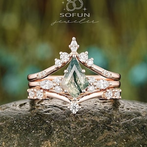3PCS Kite Cut Moss Agate Engagement Ring Set, Moss Agate Wedding Set Curved Band Rose Gold Bridal Set Nature Inspired Promise Ring for Women