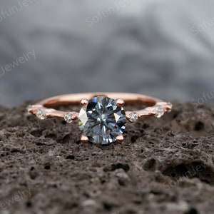 Vintage Gray Moissanite and Diamond Engagement Ring, Unique 14K Rose Gold Round Moissanite Wedding Ring, Grey Moissanite Promise Ring Gift