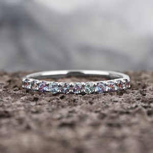 Vintage Alexandrite Wedding Band, Silver Alexandrite Stack Matching Band, White Gold Half Eternity Straight Band, Platinum Anniversary Ring