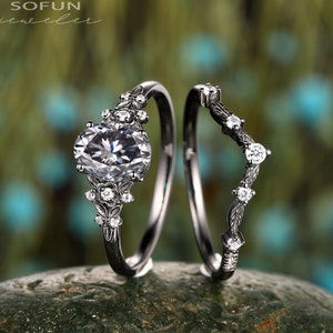 Black Gold Oval Shape Gray Moissanite Floral Engagement Ring Set, Gothic Grey Moissanite Promise Ring, Rhodium Black Wedding Ring for Women