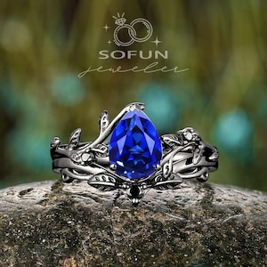 Black Gold Pear Cut Blue Sapphire Leaf Engagement Ring Set, Gothic Promise Ring, Rhodium Black Sapphire Bridal Set Wedding Ring for Women