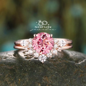 Vintage Round Shape Pink Sapphire Engagement Ring Set, Unique 14k 18k  Rose Gold Pink Stone Wedding Set, Promise Anniversary Ring Bridal Set