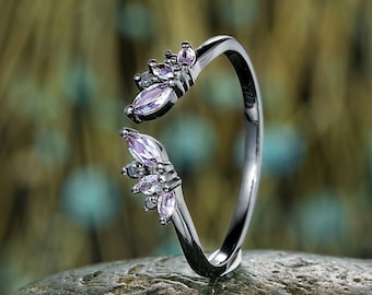 Anel de noivado preto Open Gap Marquise Alexandrite, aliança de casamento gótica, anel de compromisso preto Ródio realçador