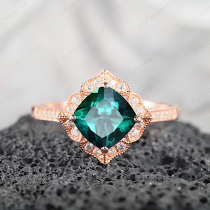 Cushion Cut Emerald Floral Halo Wedding Ring, Unique 14K Rose Gold Emerald Promise Ring, Art Deco Silver Emerald Engagement Ring for Her