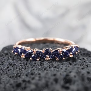 Marquise Cut Blue Sandstone Quartz Wedding Band, Half Eternity Star Dark Blue Sandstone Matching Band Vintage Anniversary Ring Straight Band