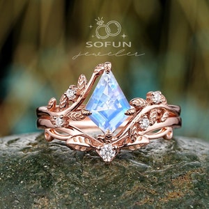 Unique Kite Cut Natural Blue Moonstone Leaf Engagement Ring, Nature Inspired Rose Gold Promise Ring, Twig Branch Wedding Ring for women
