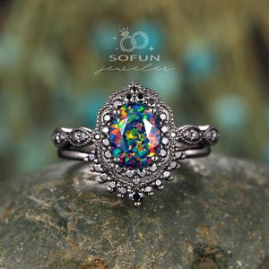 Gothic Oval Black Opal Halo Engagement Ring Set, Punk Mixed Fire Opal Promise Ring, Floral Bridal Set, Witchy Black Opal Wedding Ring Gifts