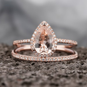 Pear Cut Pink Morganite and Diamond Engagement Ring Set, Vintage Halo Promise Ring, Rose Gold Teardrop Peach Morganite Bridal Set for Women