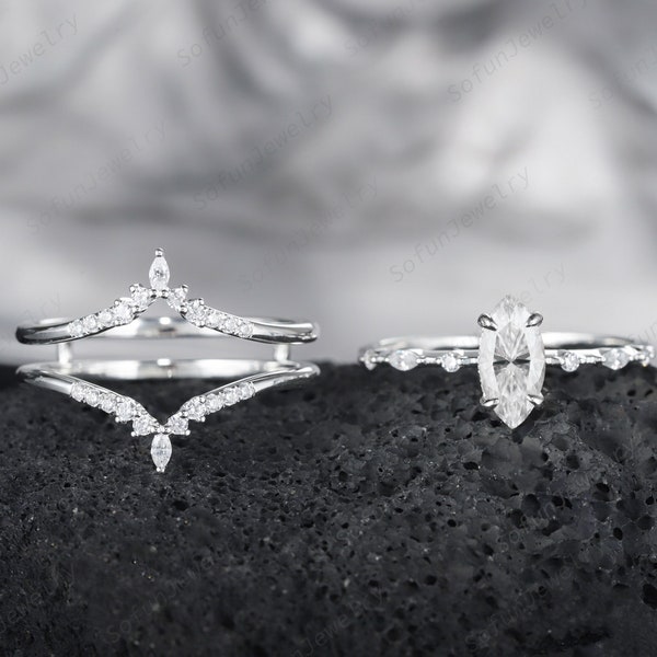 Vintage Marquise Moissanite Engagement Ring Set, 14K White Gold Moissanite Wedding Bridal Set with Hidden Halo, Ring Guard Promise Ring