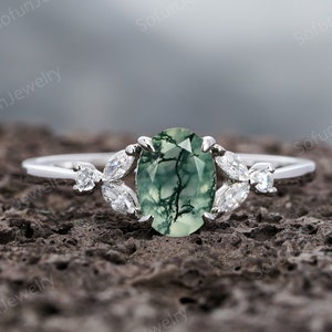 Vintage Oval Cut Moss Agate Engagement Ring, Unique 14K White Gold Marquise Moissanite Wedding Ring, Sterling Silver Bridal Promise Ring