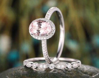 Vintage platina ovale roze morganiet bruidsring set, witgouden halo belofte ring set halve eeuwigheid perzik morganiet verlovingsring