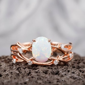 Vintage Oval Cut White Fire Opal Engagement Ring Set 14k Rose Gold Branch Opal Bridal Set Unique Silver Nature Inspired Wedding Ring Set