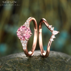 Vintage Round Shape Pink Sapphire Engagement Ring Set, Unique 14k Rose Gold Pink Stone Wedding Set, Promise Anniversary Ring Bridal Set