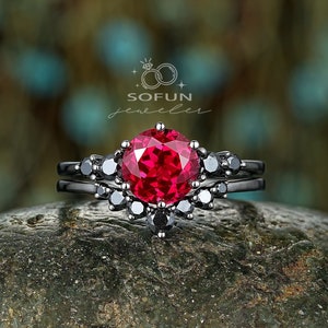 Vintage Black Gold Round Ruby Engagement Ring Set, Gothic Ruby Promise Ring Set, Rhodium Black Ruby Bridal Set, Black Wedding Ring Gift
