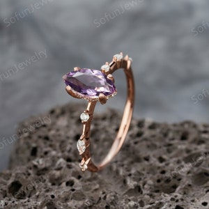 Unique Marquise Cut Amethyst and Diamond Engagement Ring 14K Rose Gold Vintage Amethyst Moissanite Wedding Promise Ring Gift for Best Friend